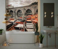 Sepia-toned Rowing Boat wall art, classic river setting, weathered texture.