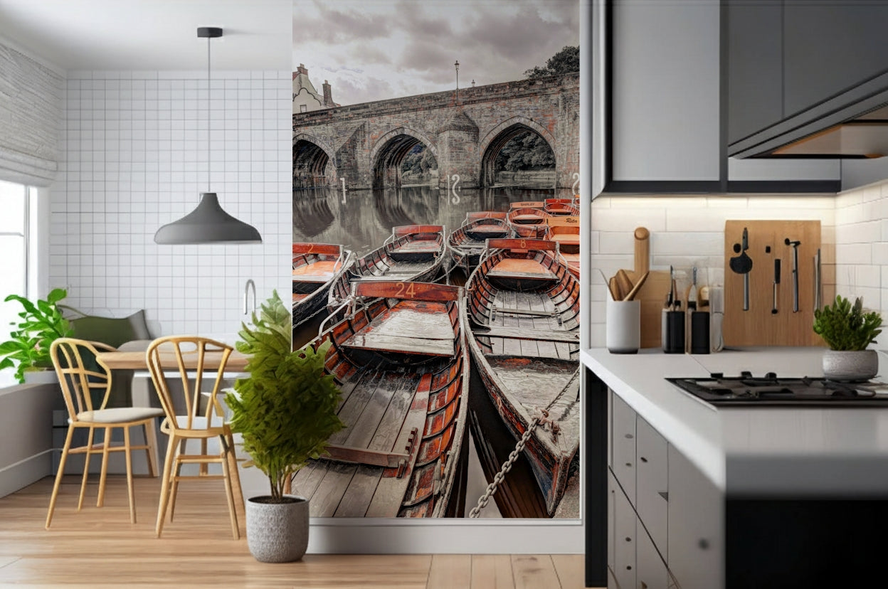 Rainy day Boat pattern wall mural, traditional architecture, moored water vessel.