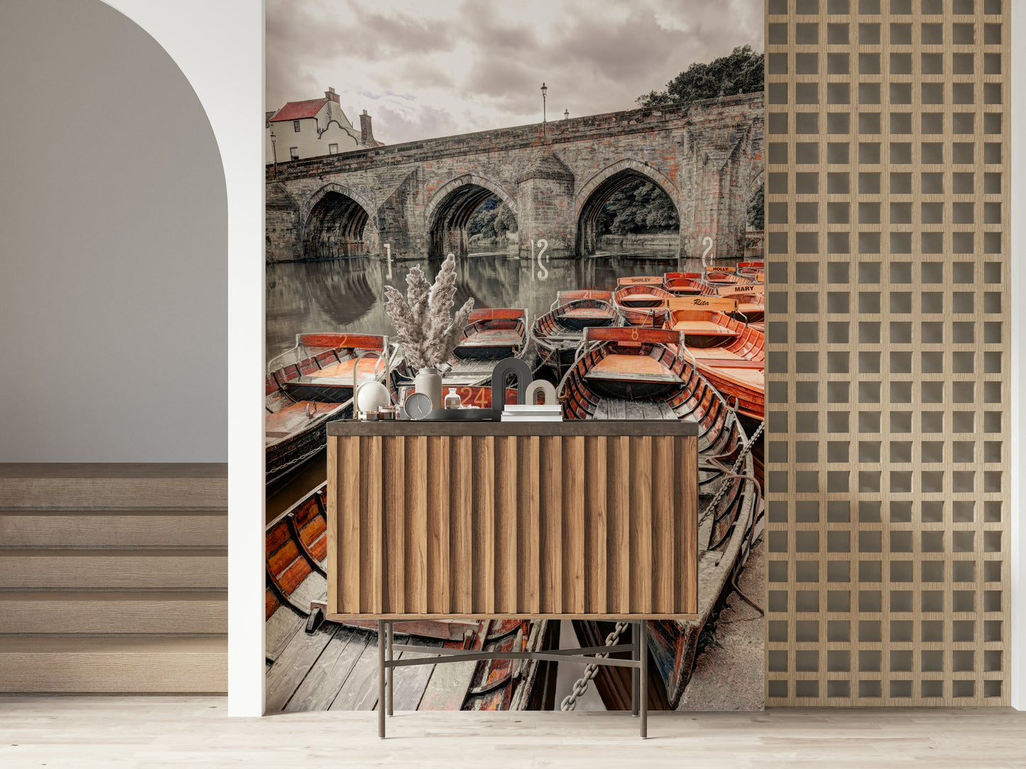 Vintage Rowing Boats wall mural, riverbank scene, stone bridge, antique watercraft.