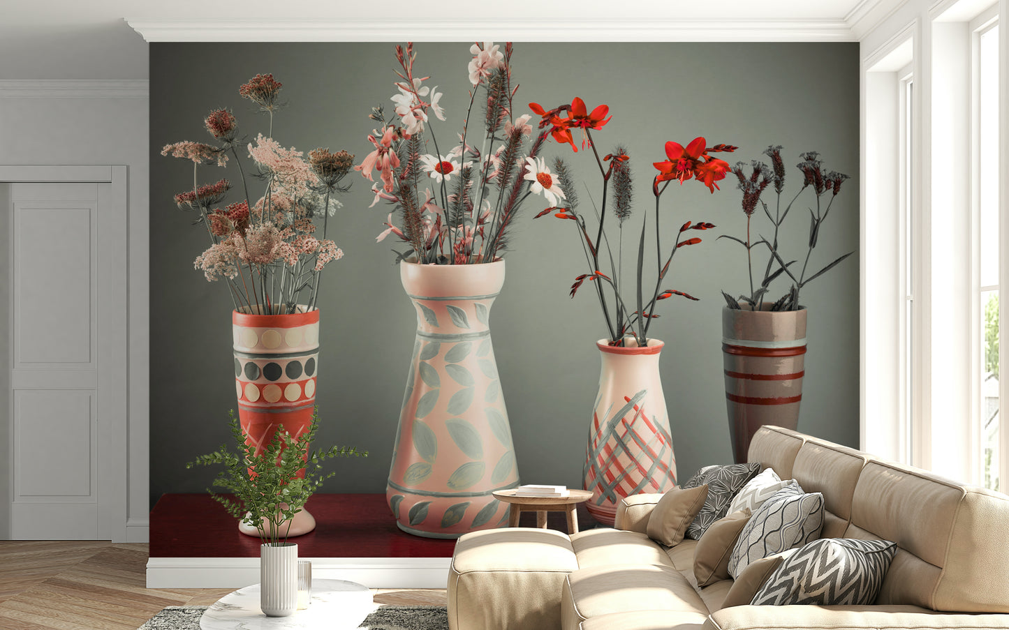 Bohemian vases and preserved flowers wall mural accents.