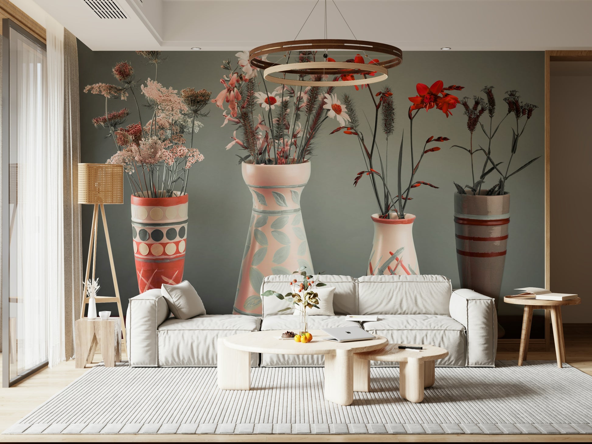 Pastel and red blooms mural for stylish Bohemian decor.