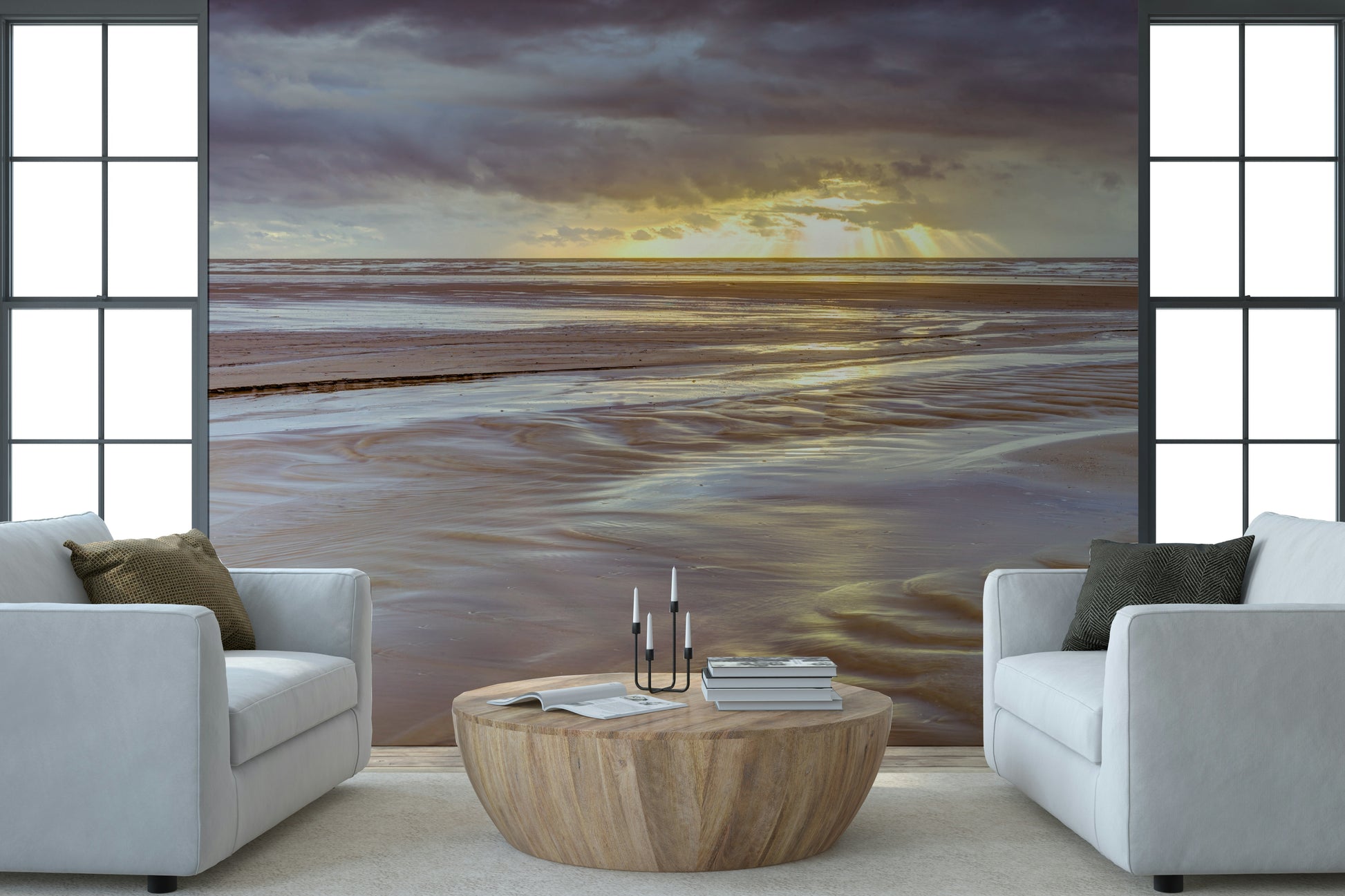 Reflective wet sand Blackpool beach Sunset mural intense sky colors