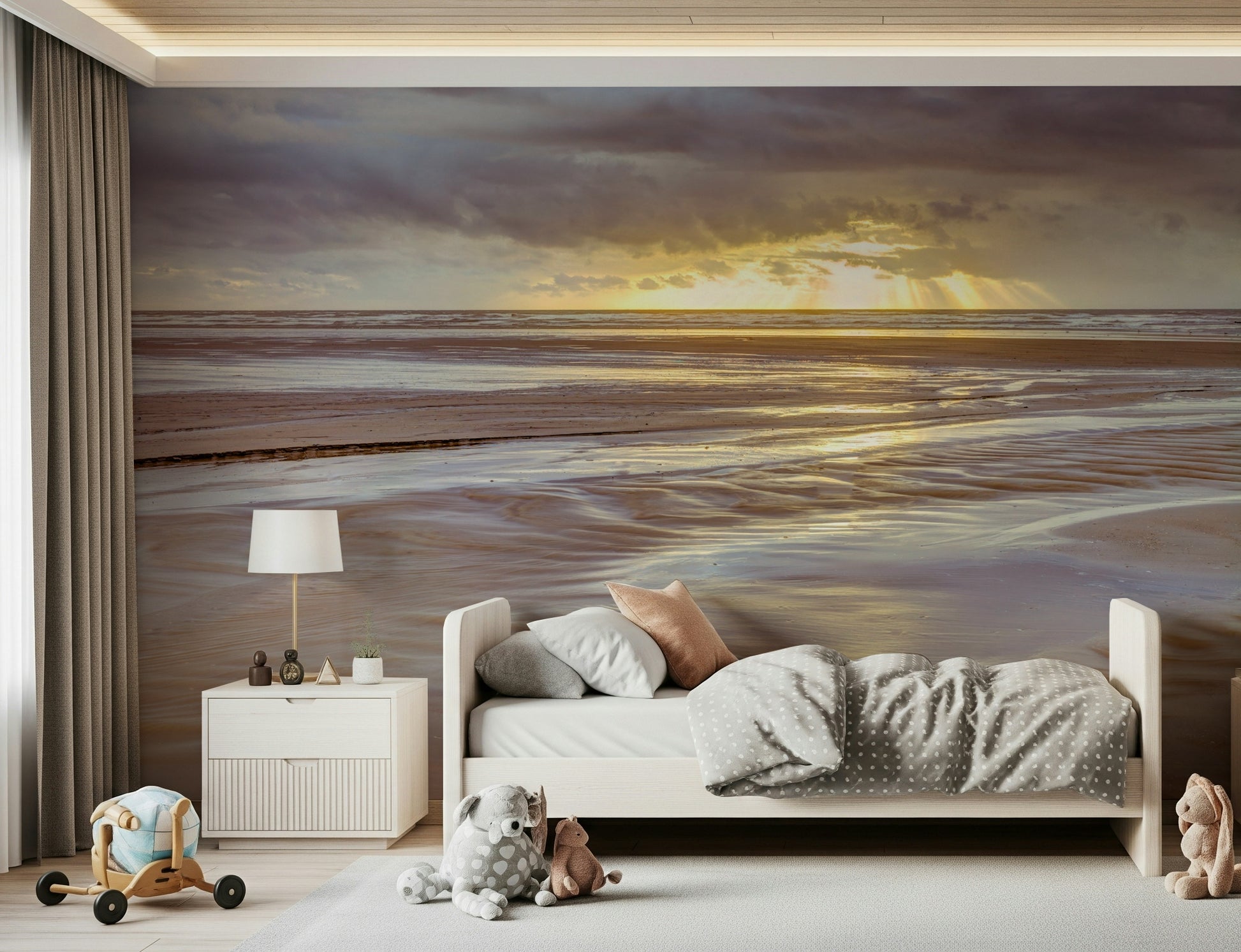 Rays of light over ocean Blackpool beach Sunset mural sand texture