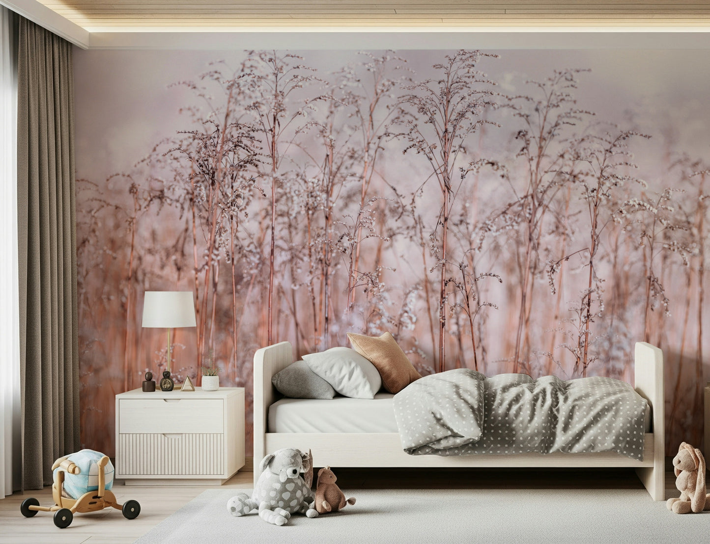 Misty Whispering Winter Reeds mural, soft natural grasses design.
