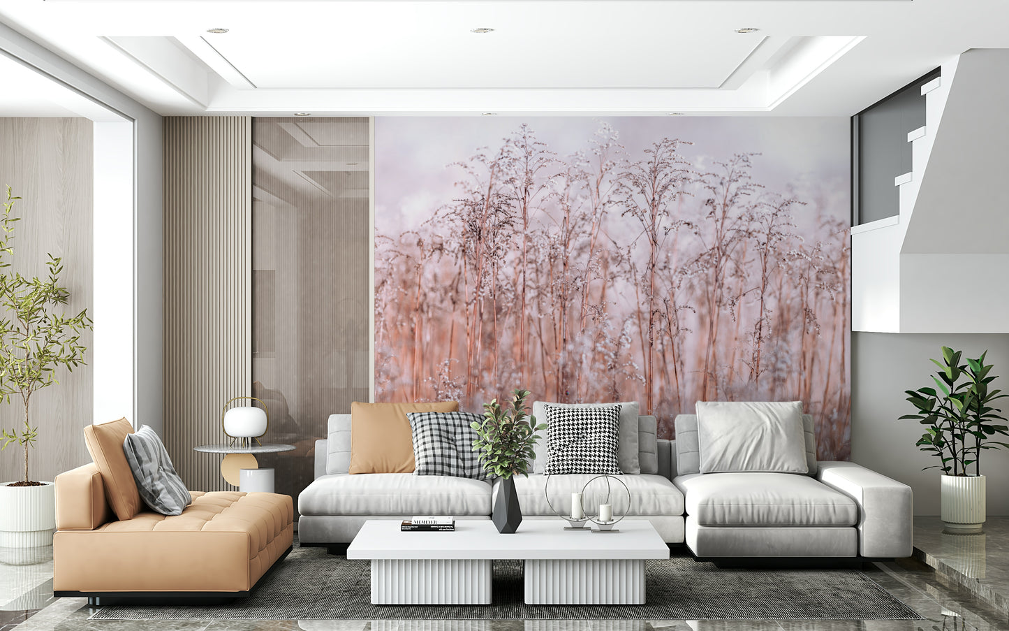 Ethereal winter foliage wall mural, tender reeds in haze.