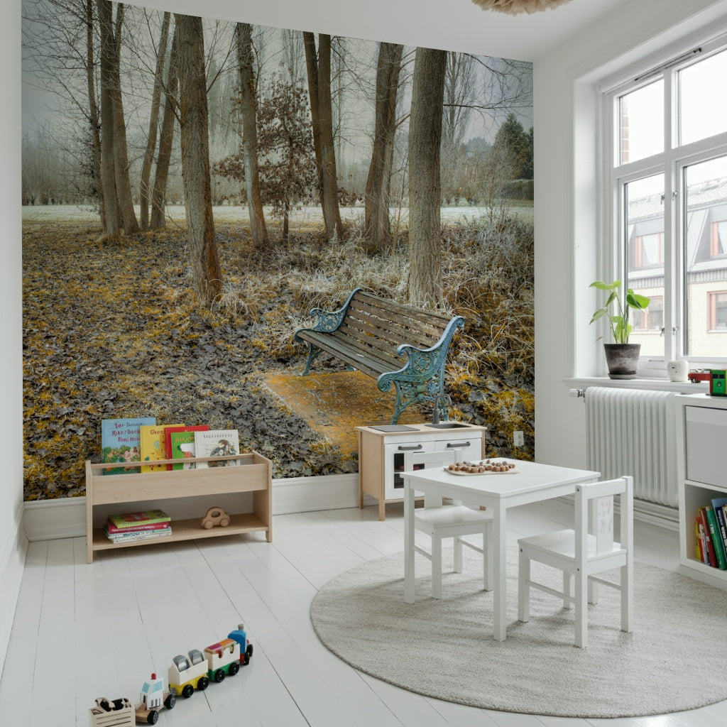 Woodland Bench at Park decor wallpaper, tranquil outdoor setting.