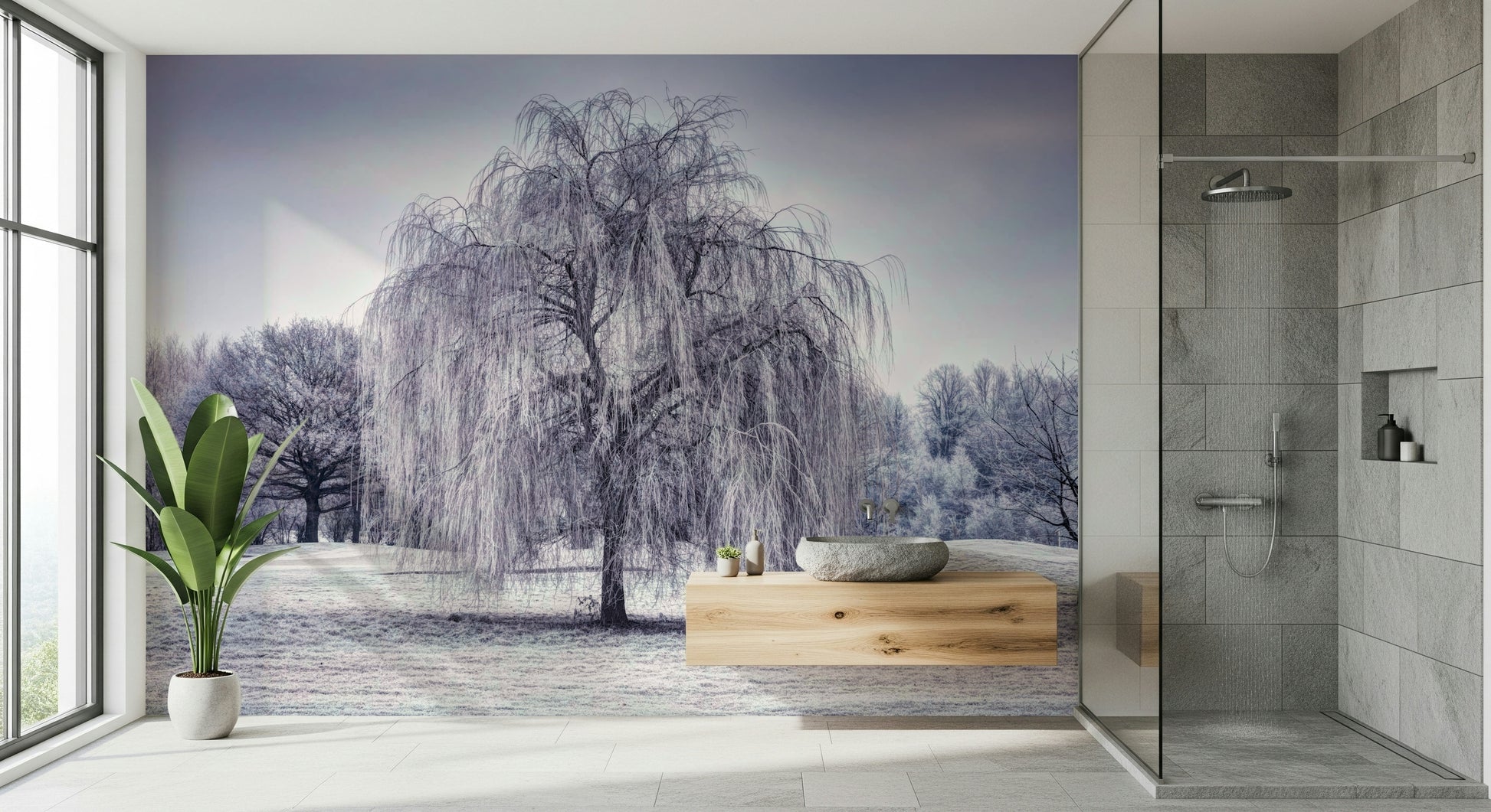 Chillingly beautiful Weeping Tree photo mural, peaceful winter.