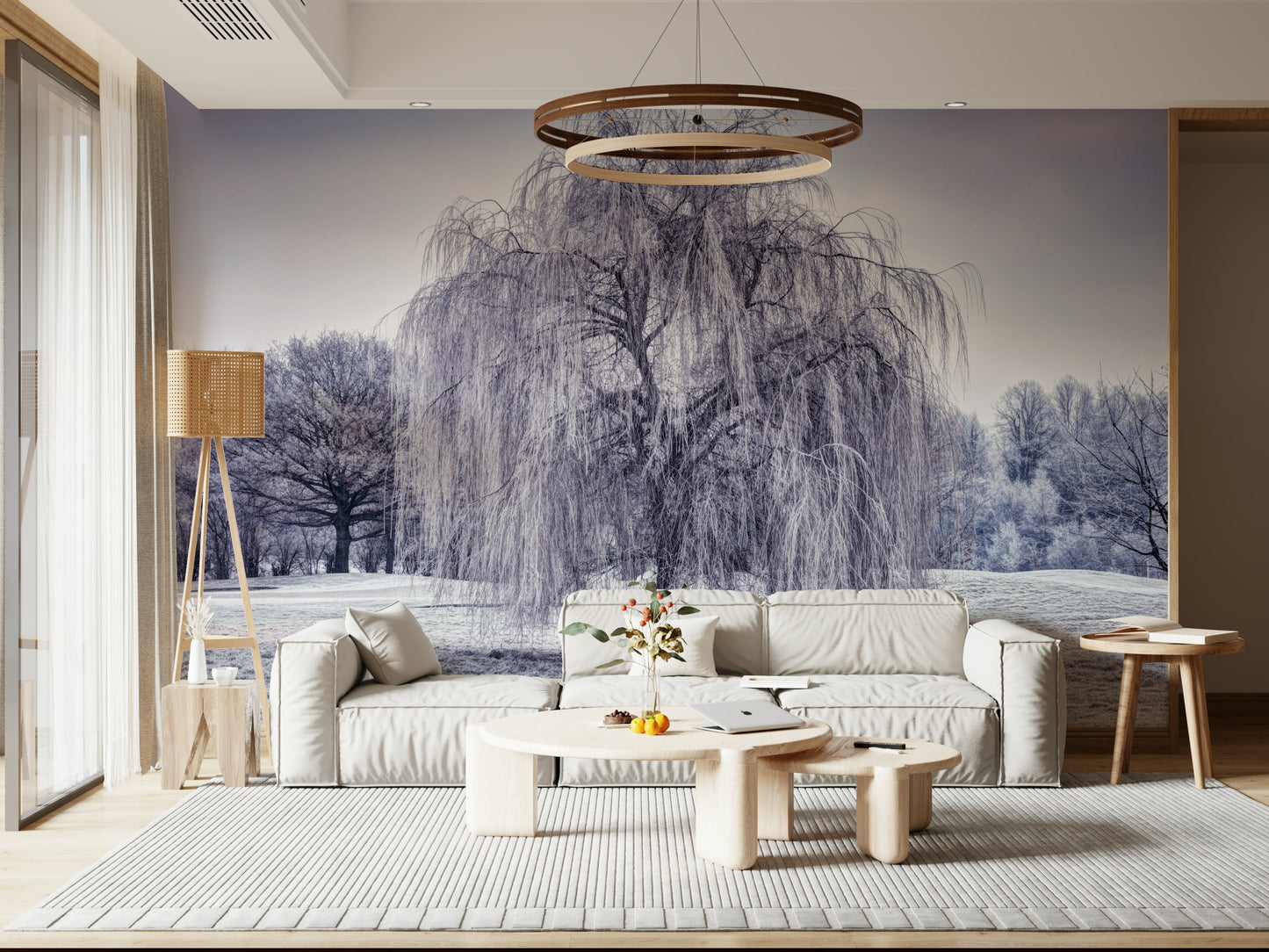 Icy landscape wall mural featuring a majestic frosted willow.