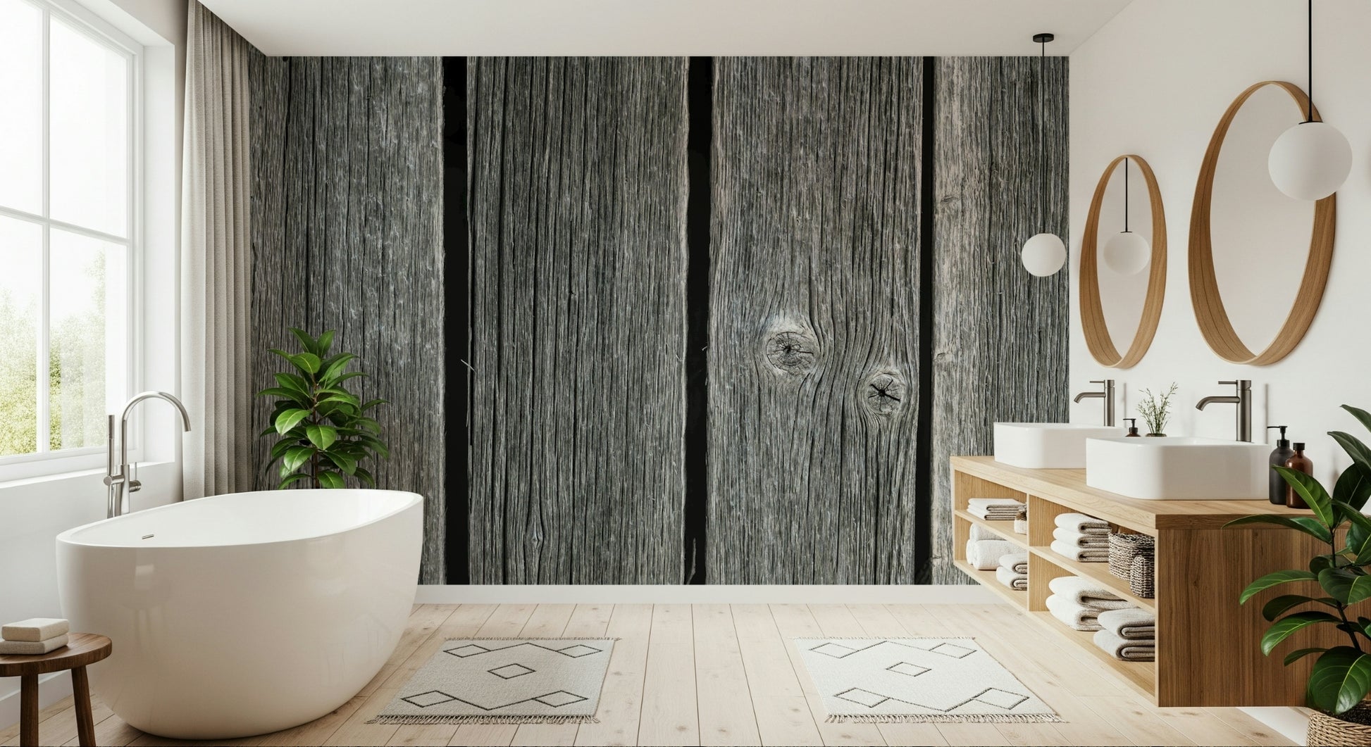 Authentic wood grain mural, fissured surface, reclaimed wood wallpaper.