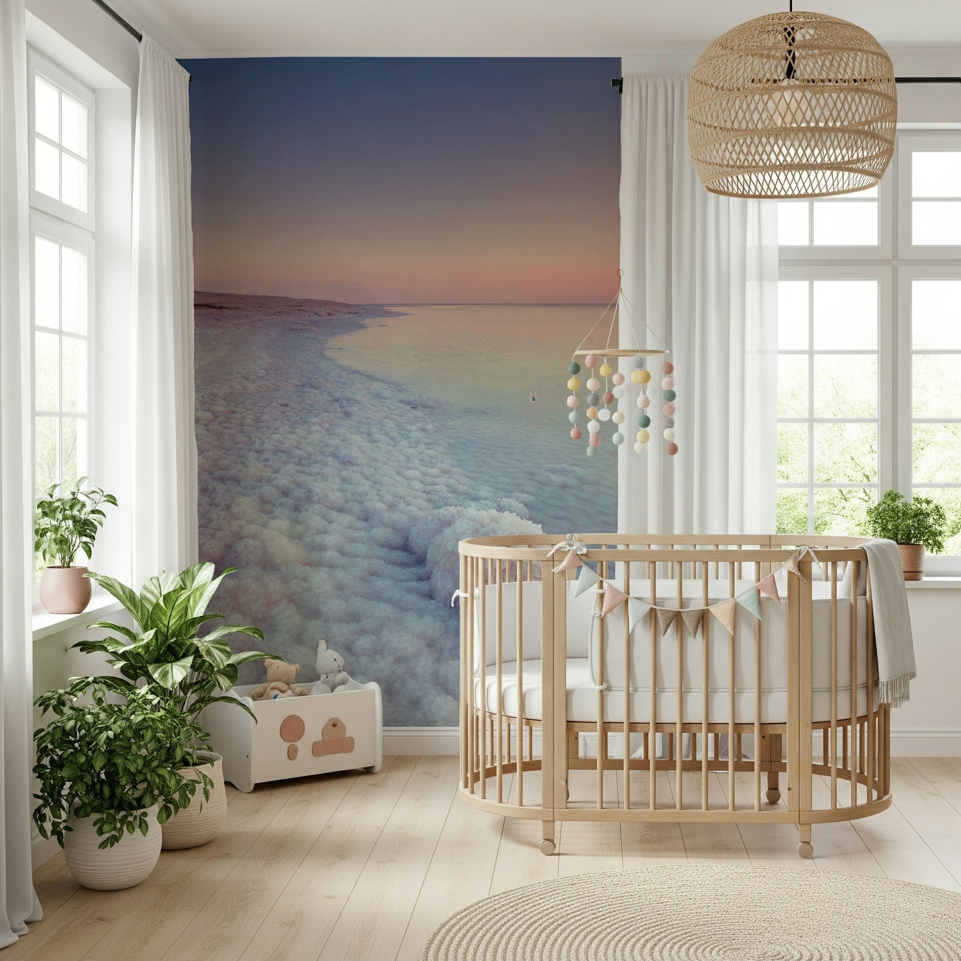 Delicate Dead Sea mural, unique crystal shoreline, coastal wall mural.