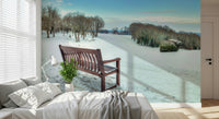 Outdoor bench, serene snowscape, beautiful winter vista wallpaper.