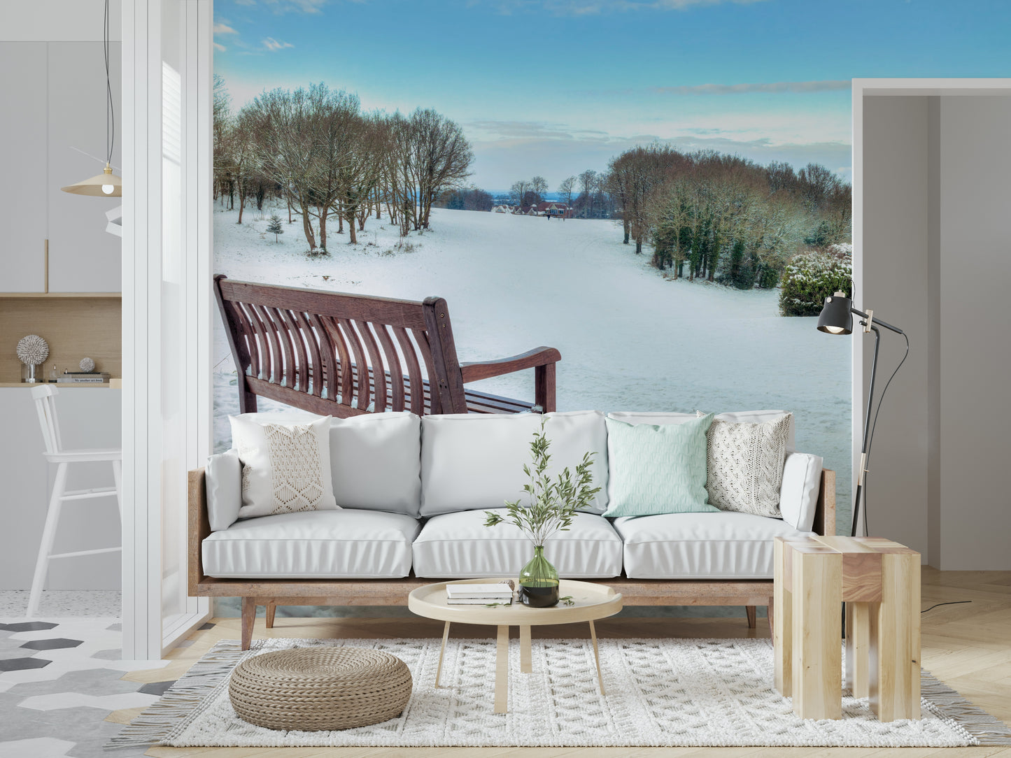 Relaxing Bench in a Snowy Landscape mural, quiet path, cool colors wallpaper.