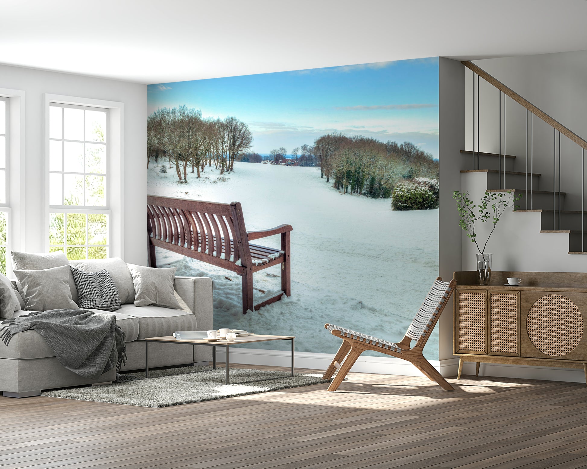 Tranquil Bench in a Snowy Landscape wallpaper, sparkling white, perfect scene mural.