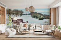 Wooden Bench in Snowy Landscape mural, frozen winter setting wallpaper.