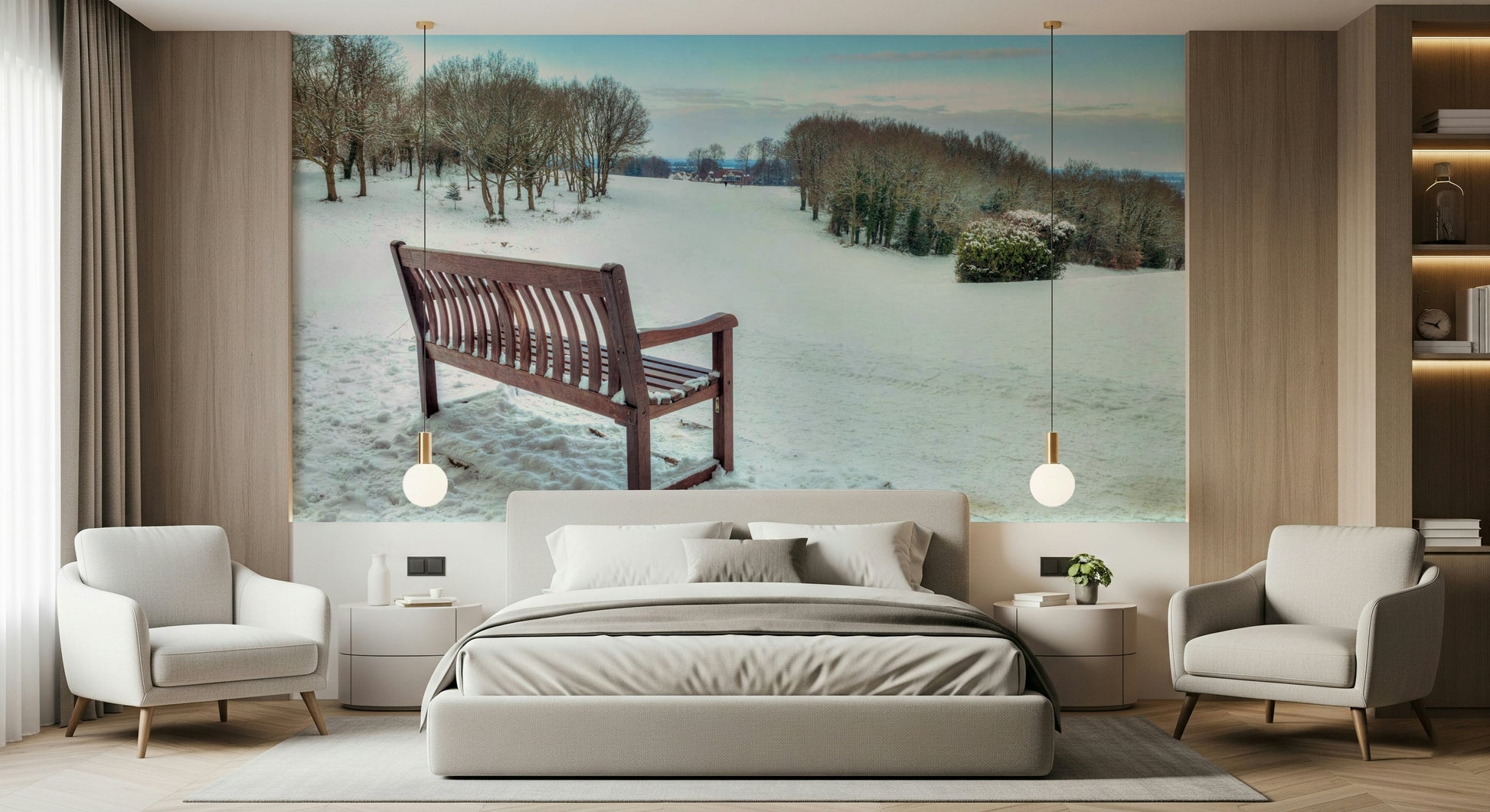 Solitary bench, pristine snow field, charming winter scene wall mural.