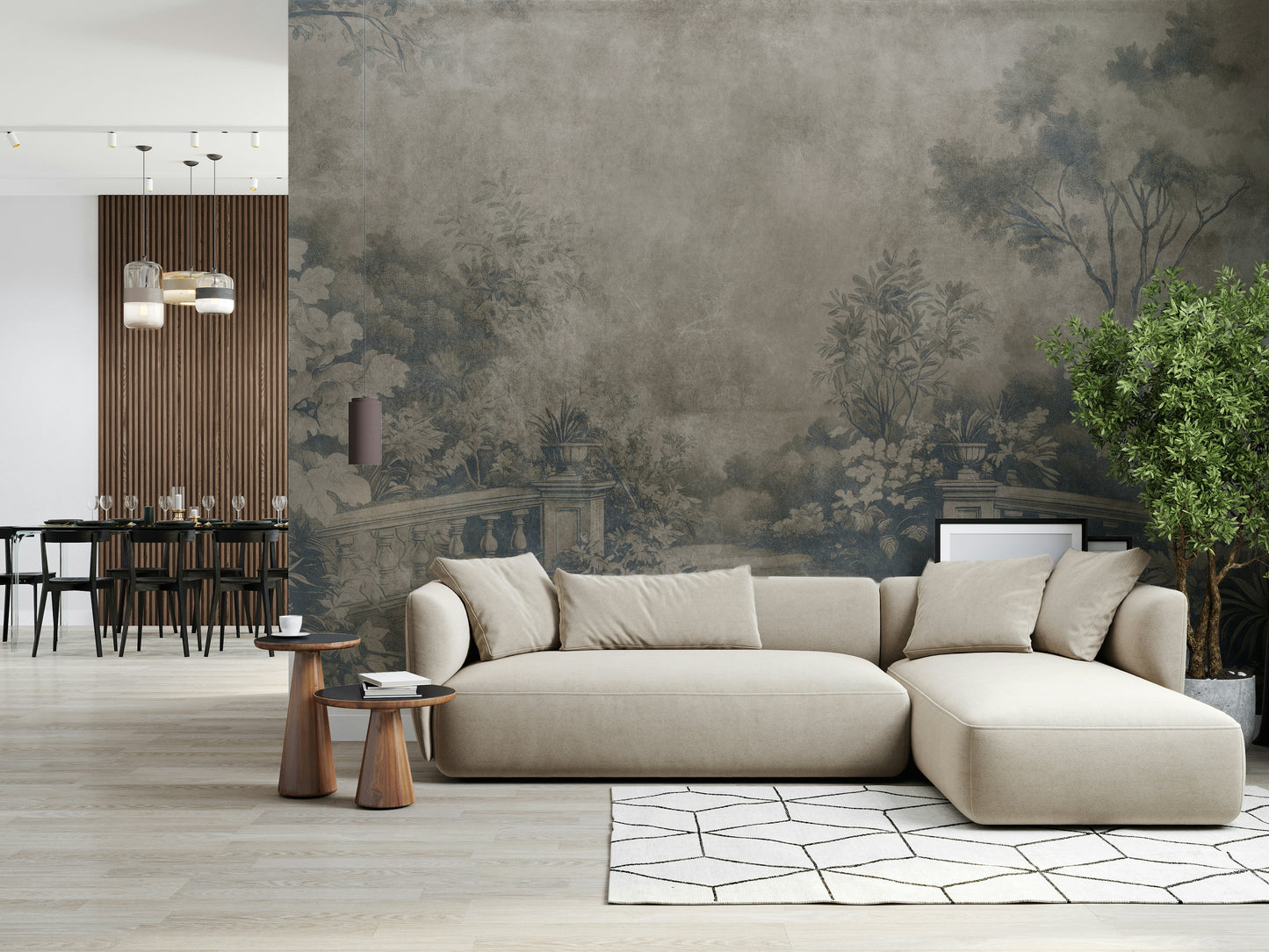 Faded Old English Garden wall mural, cool grey tones, ornate wallpaper design.