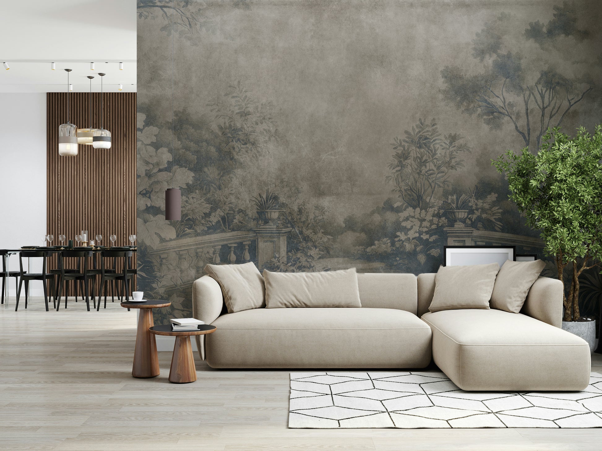 Faded Old English Garden wall mural, cool grey tones, ornate wallpaper design.