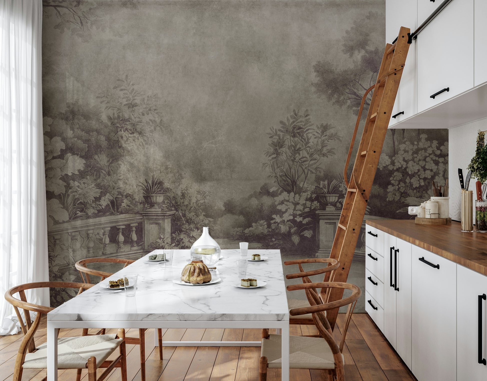 Victorian Old Garden Aubergine mural, ornate luxurious shaded vista.