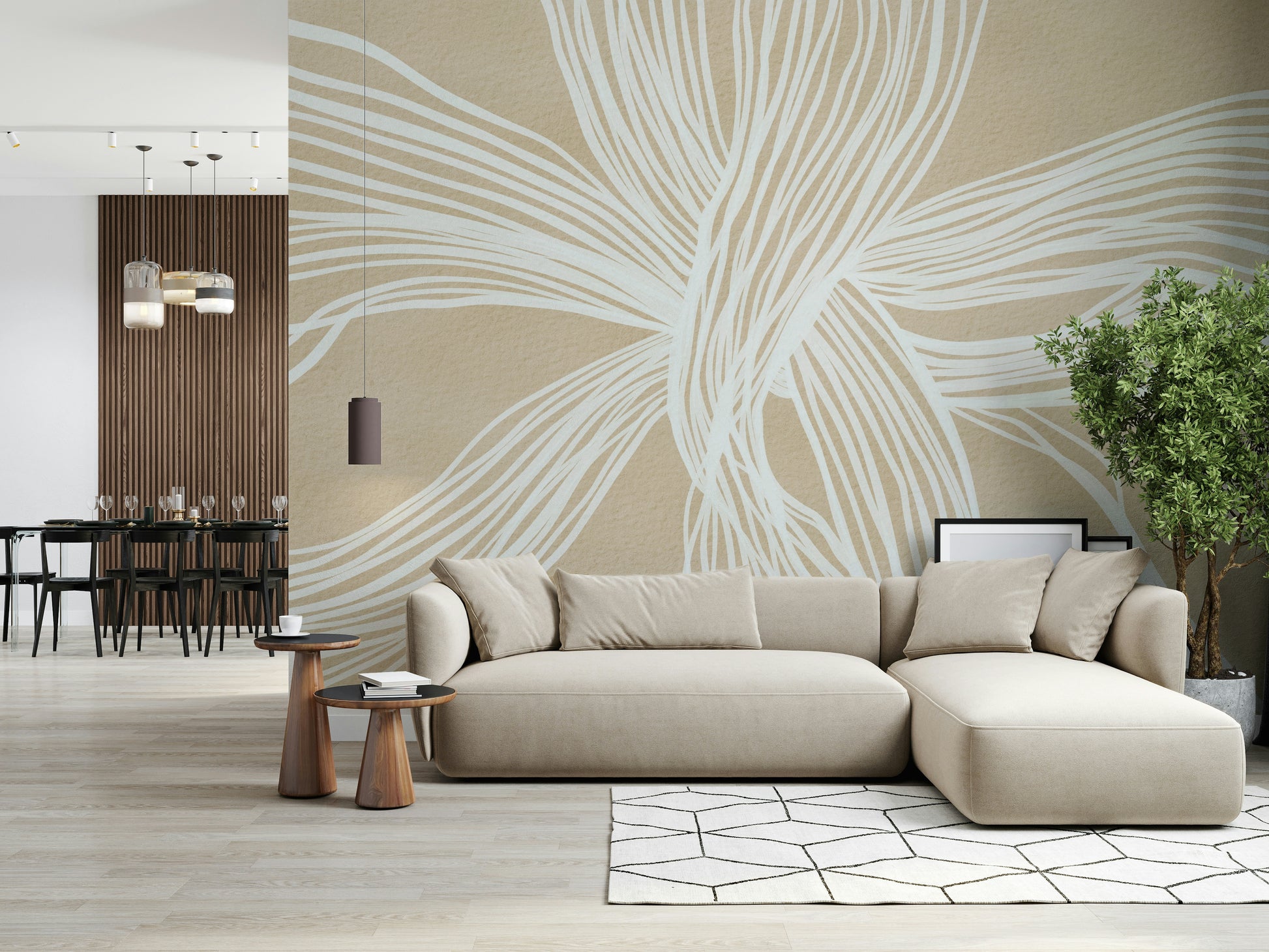 Modern wall mural Flowing Lines neutral tan color interwoven ribbon look