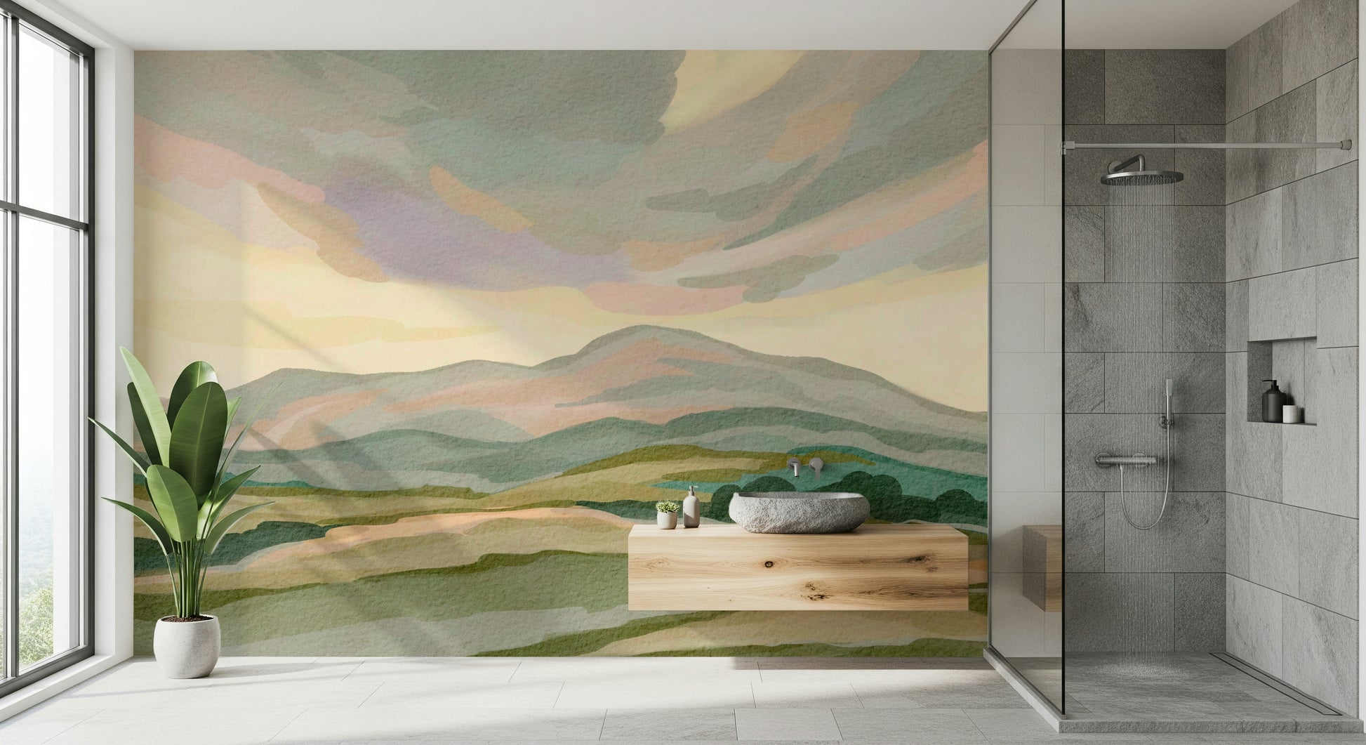Watercolor hills and misty sky Painted Mountainscape landscape design.