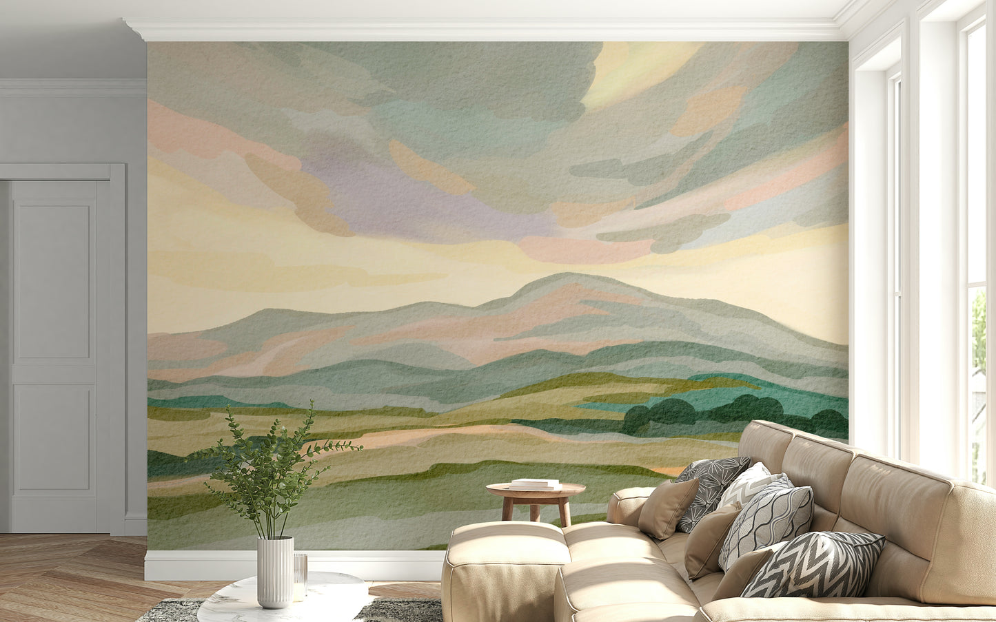 Pastel Painted Mountainscape panorama calming bedroom wall hanging.