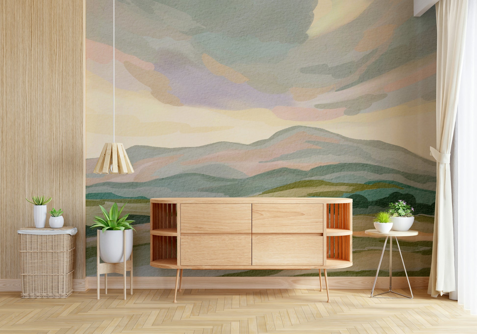 Artistic Painted Mountainscape mural for walls calm abstract view.