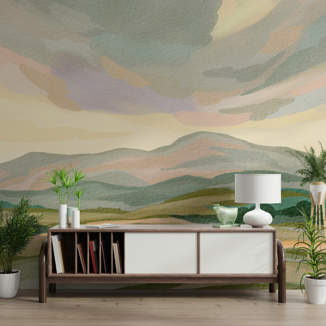 Abstract Painted Mountainscape wallpaper serene pastel nature scene.