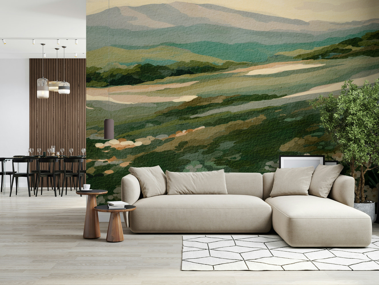 Scenic Floral Meadow Vista wallpaper showing green hills and white blooms for serene interiors.