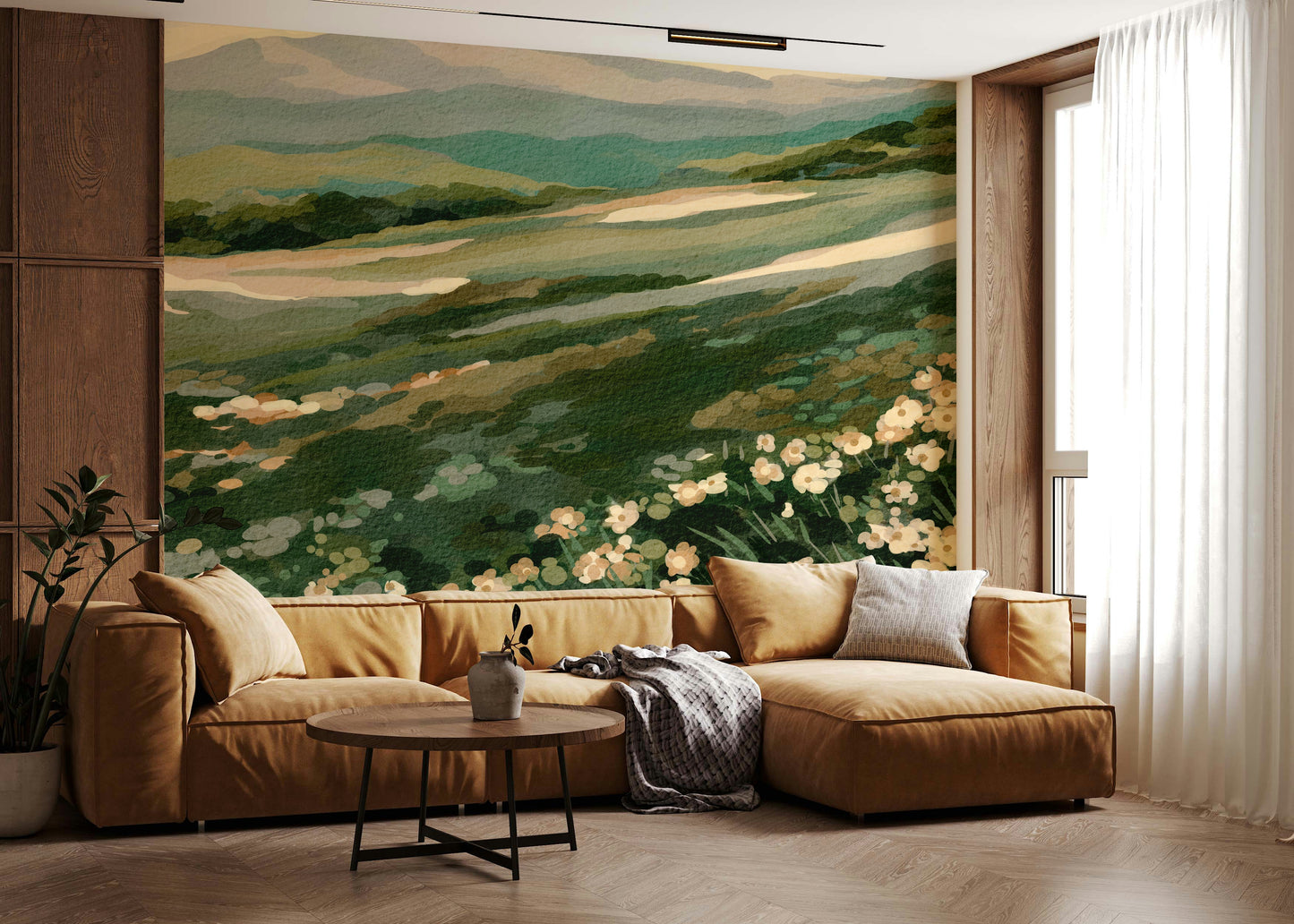 Nature inspired wallpaper for walls displaying lush valley views and wild blossoms.