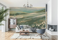 Calm countryside mural wallpaper with Floral Meadow Vista design suitable for bedroom decor.