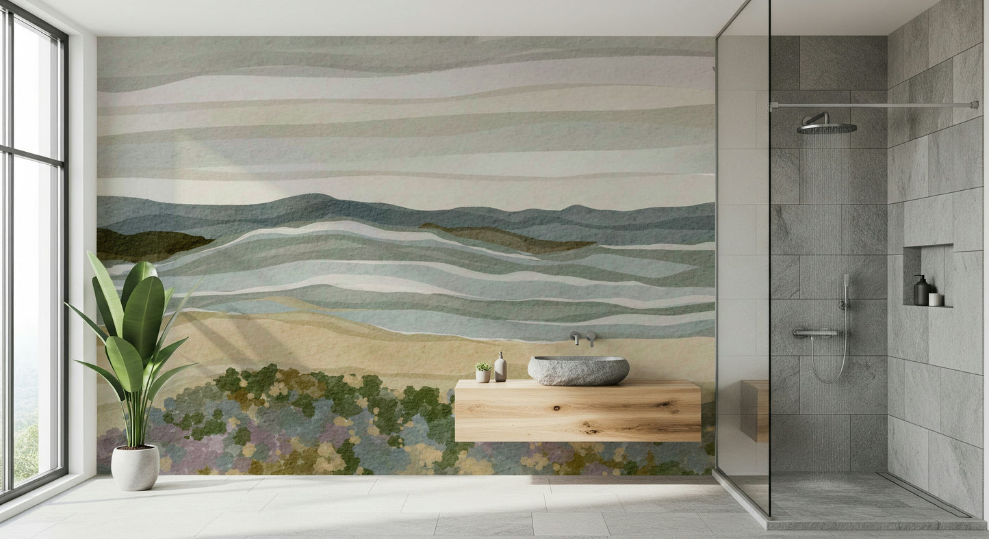 Relaxing beach landscape mural wallpaper titled Coastal Serenity with floral texture.