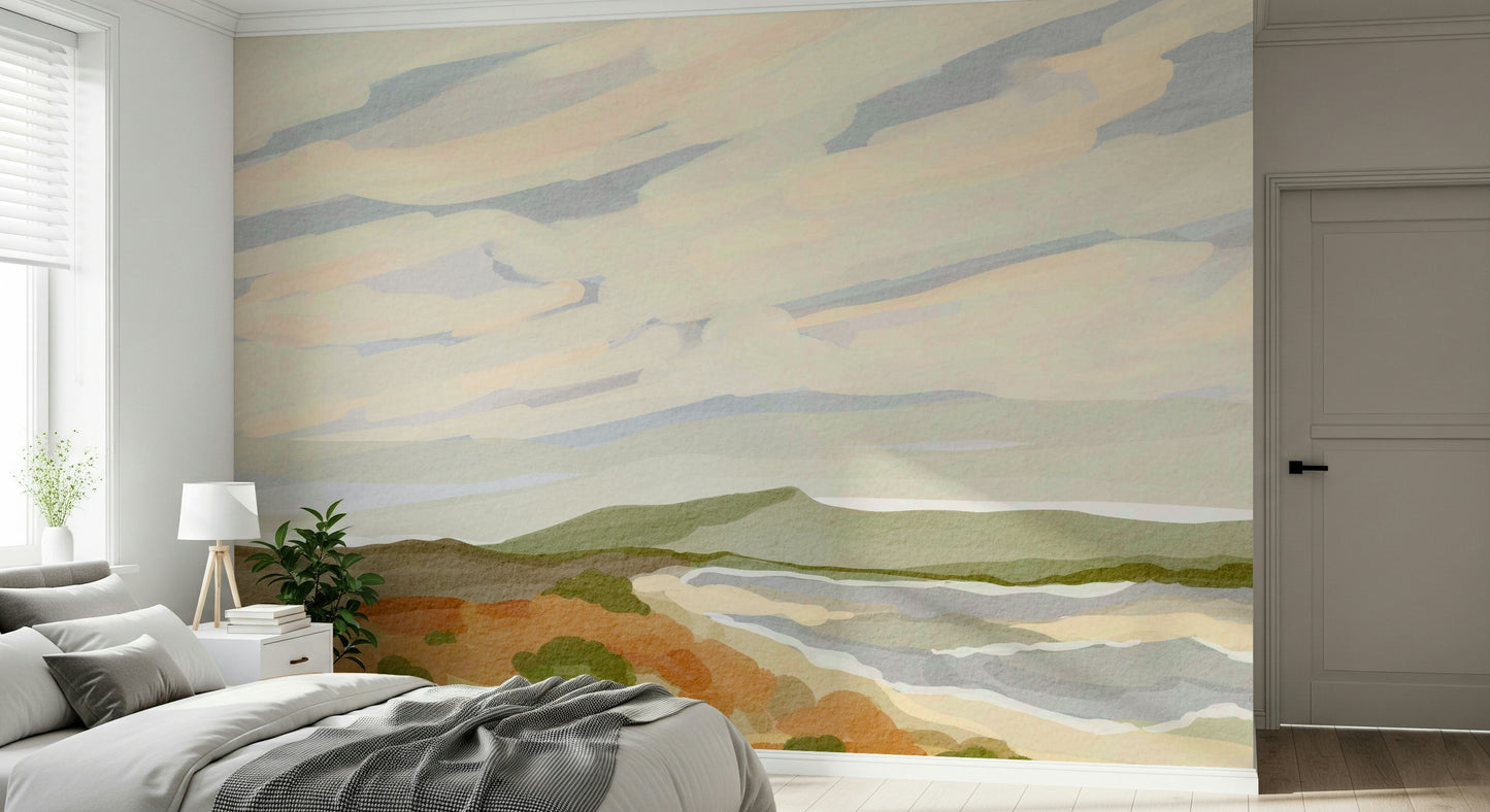 Painterly wall covering titled Watercolor Hills for colorful living room.
