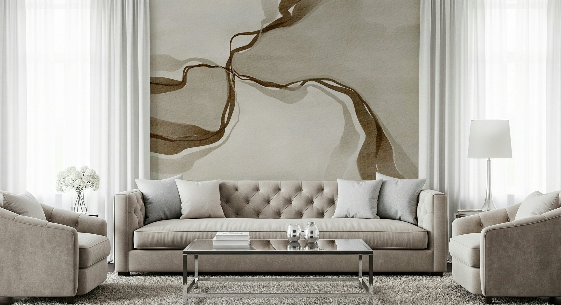 Organic Whispers of Sepia art with flowing mocha lines for modern decor.