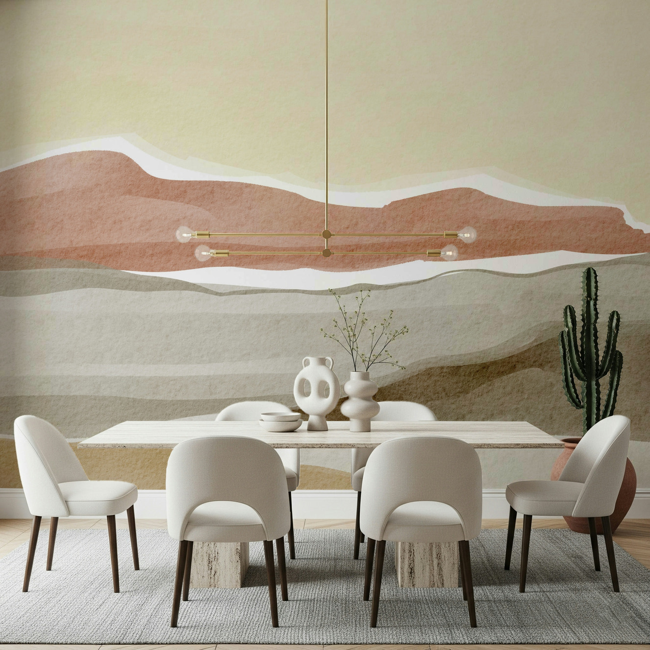 Calming wallpaper for walls featuring Muted Desert Vista landscape in pale yellow tones.
