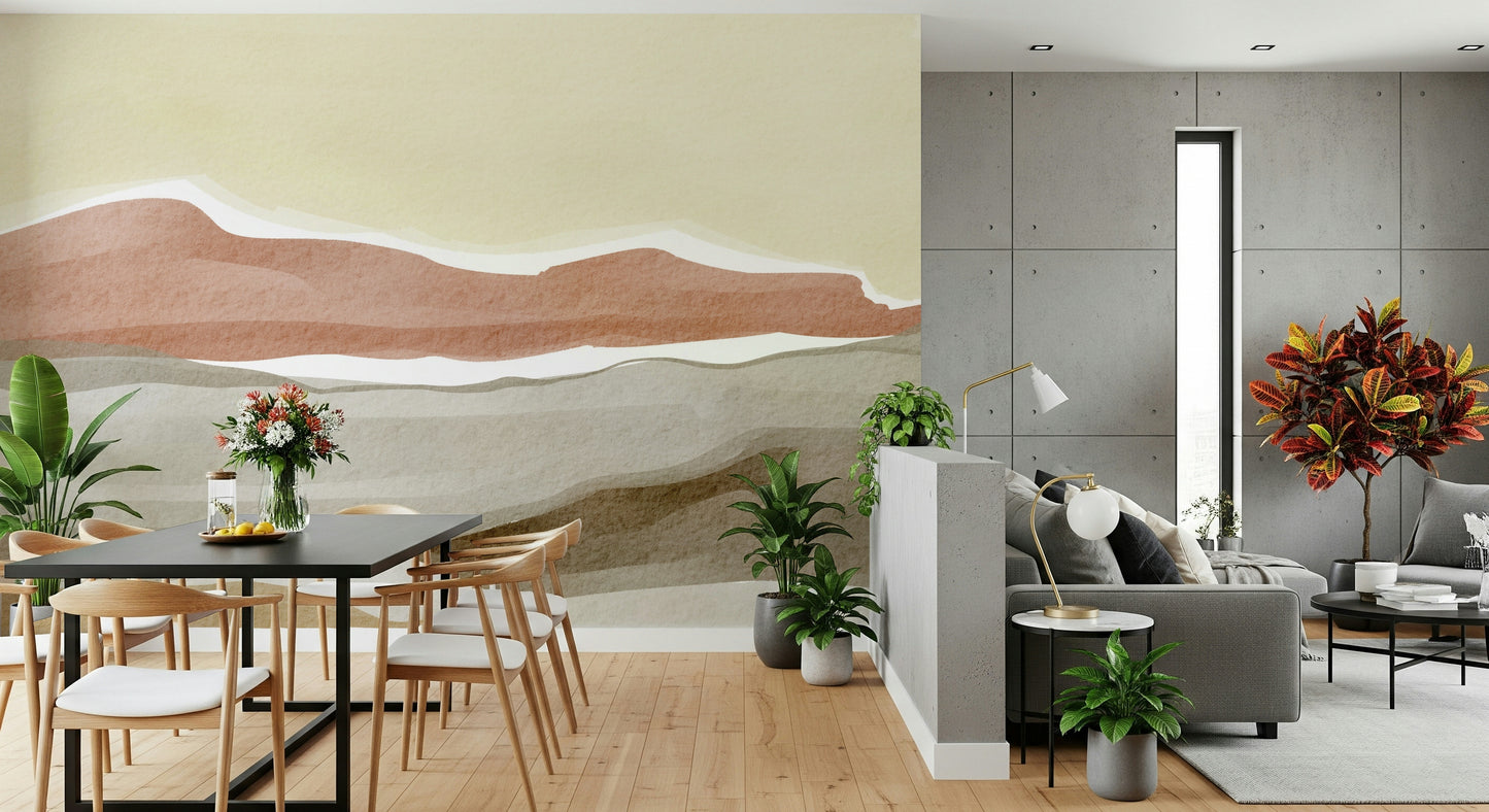 Serene Muted Desert Vista wallpaper with warm earth tones and fluid lines.