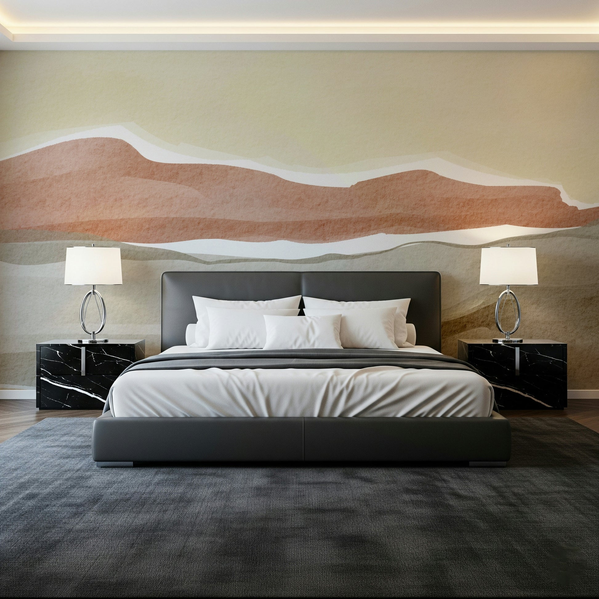 Muted Desert Vista mural wallpaper displaying painted abstract horizon for modern living rooms.