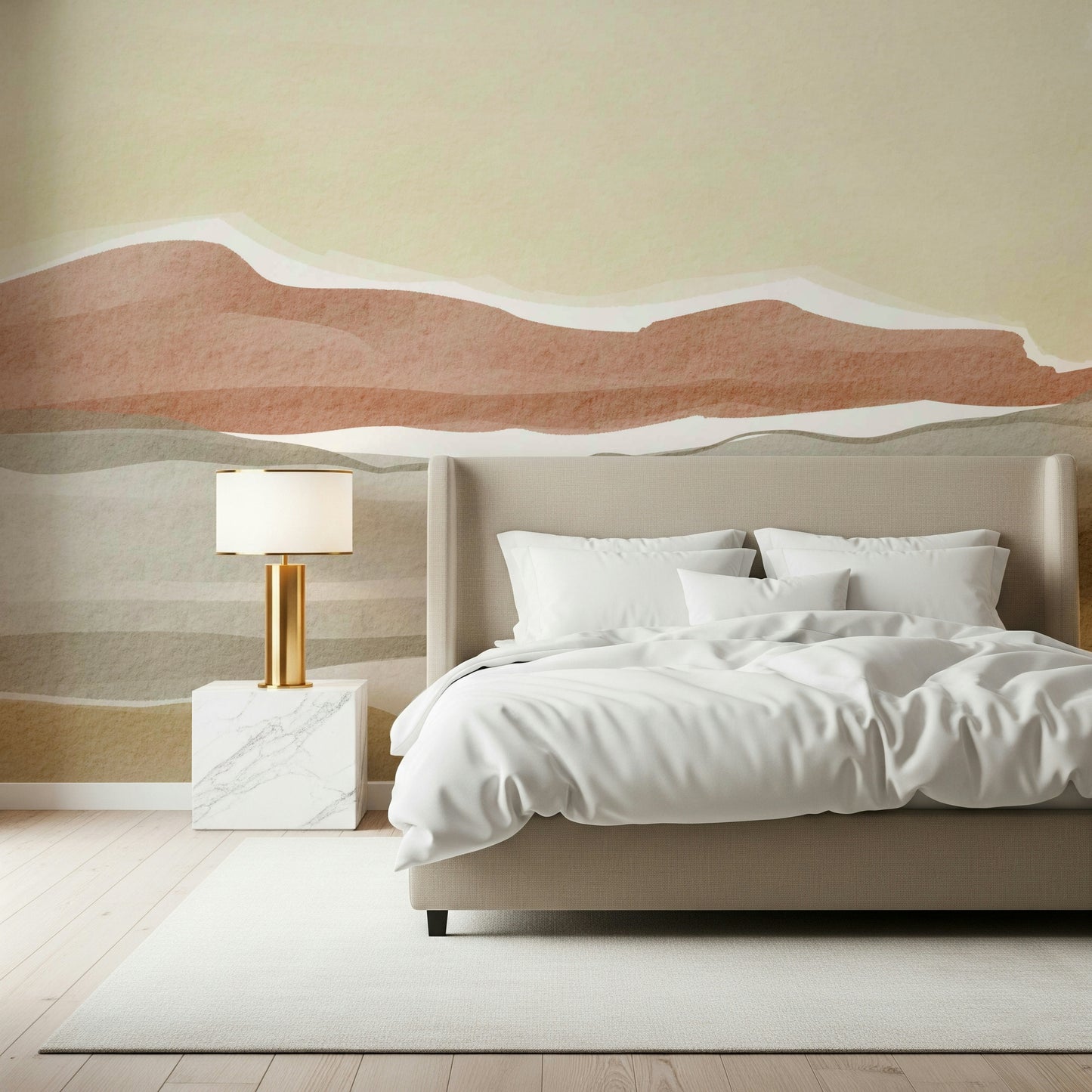 Artistic Muted Desert Vista wall mural featuring hand painted watercolor desert vibes.