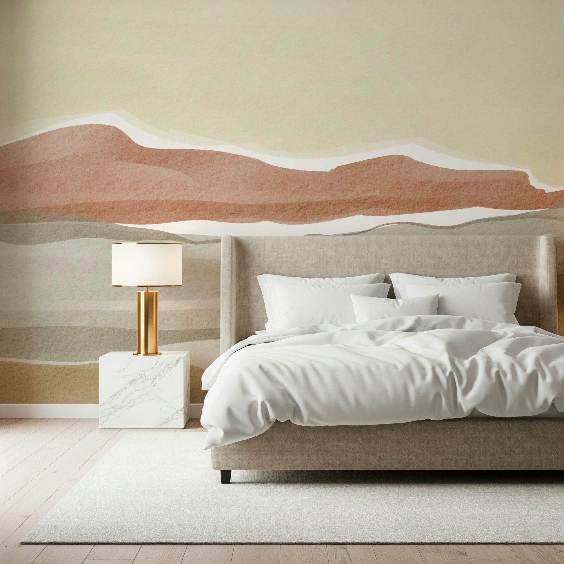 Artistic Muted Desert Vista wall mural featuring hand painted watercolor desert vibes.