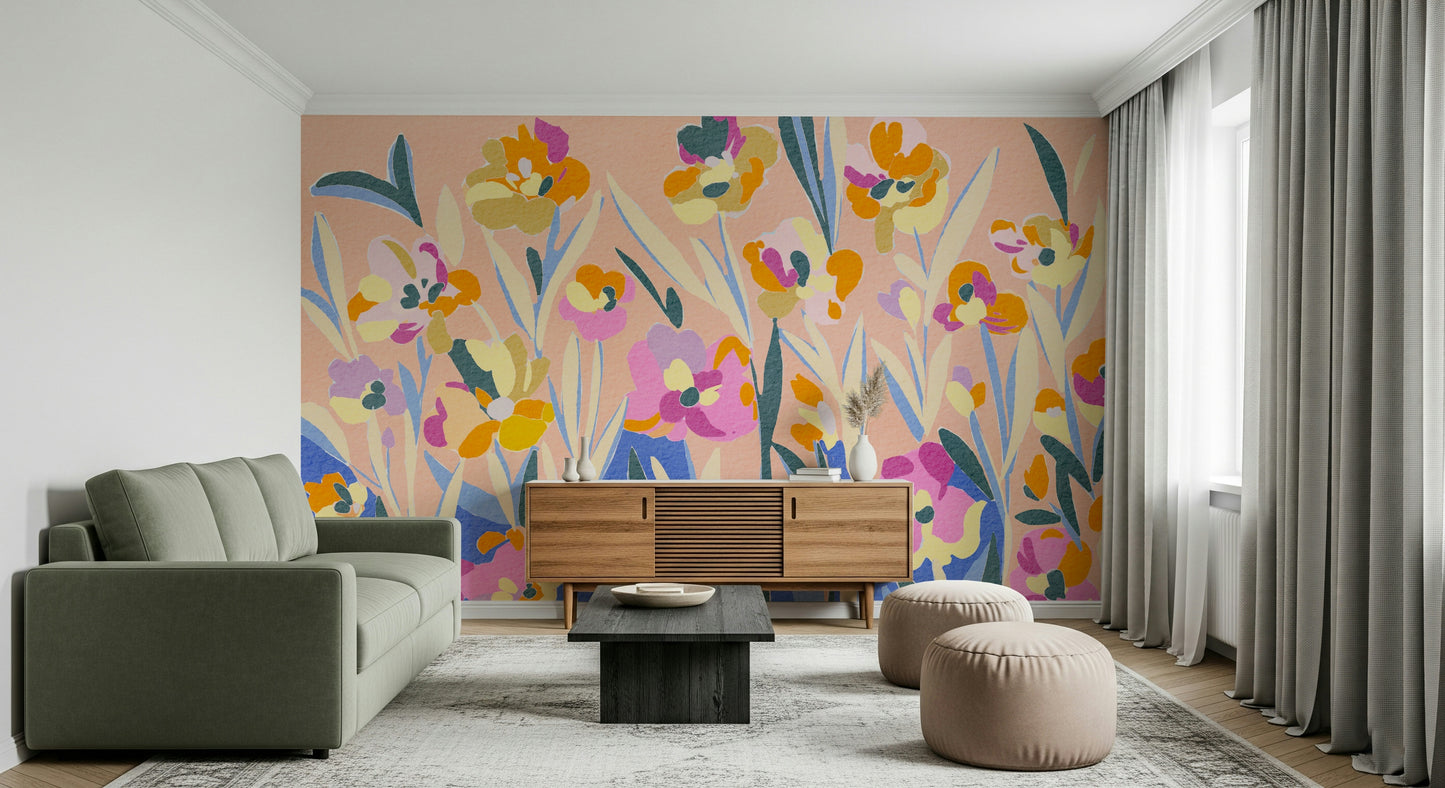 Vibrant floral mural called Painted Blossom featuring peach background.