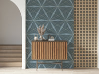 Deep blue and cream Radiance pattern mural for luxurious appeal.