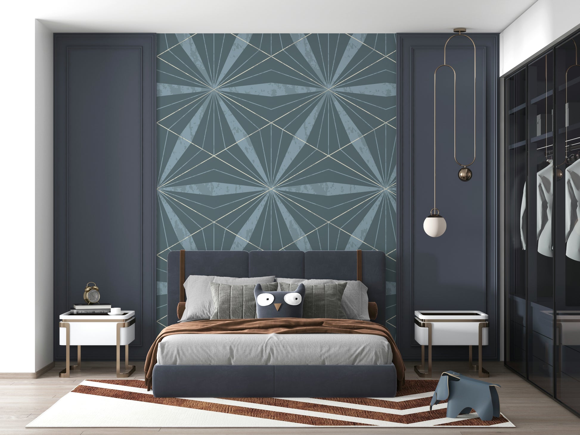 Stunning Art Deco Radiance mural in a deep, rich blue tone.