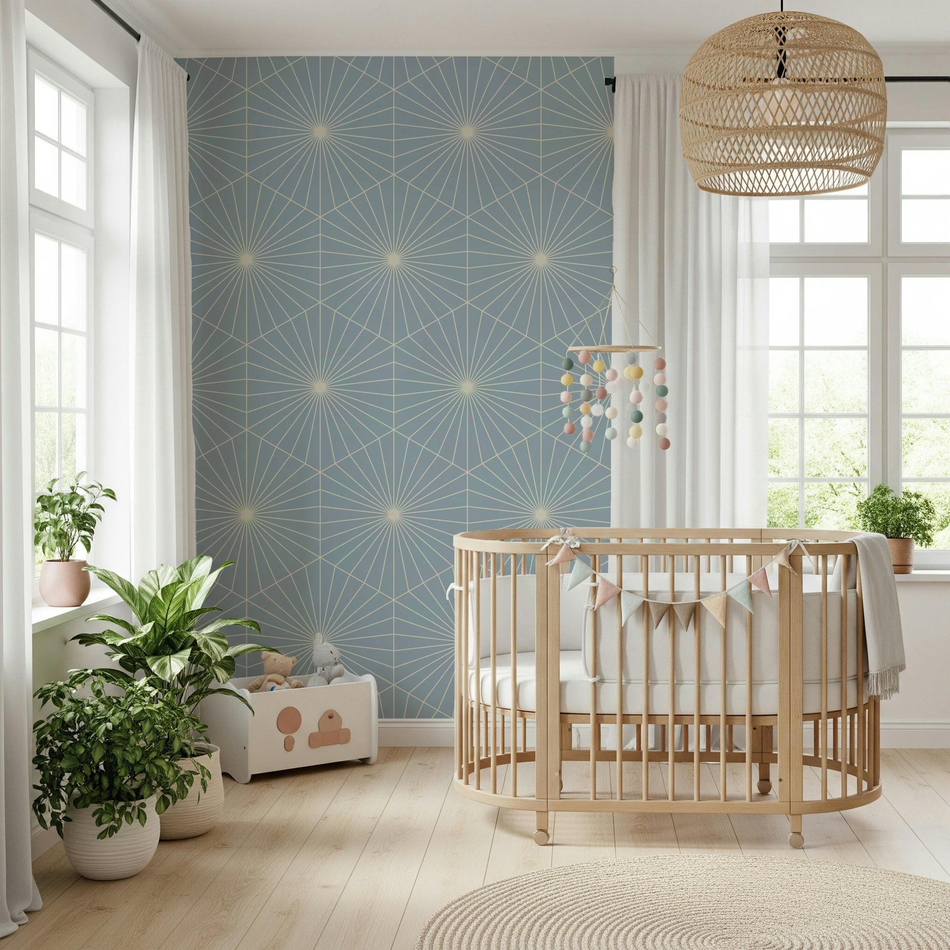 Symmetrical Radiance motif mural in beautiful, airy pastel blue.