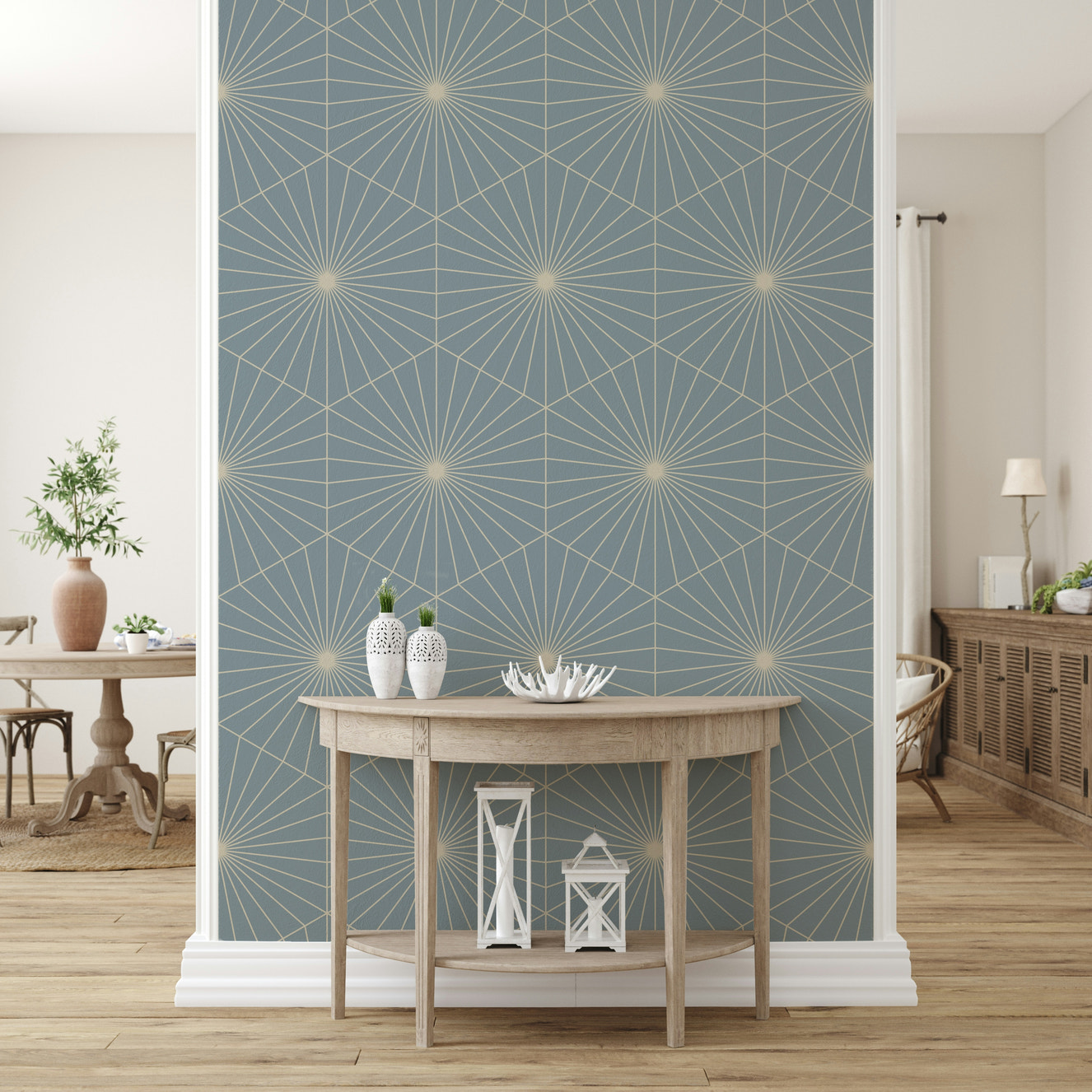 Powder Blue Radiance wallpaper with soft, elegant geometric lines.