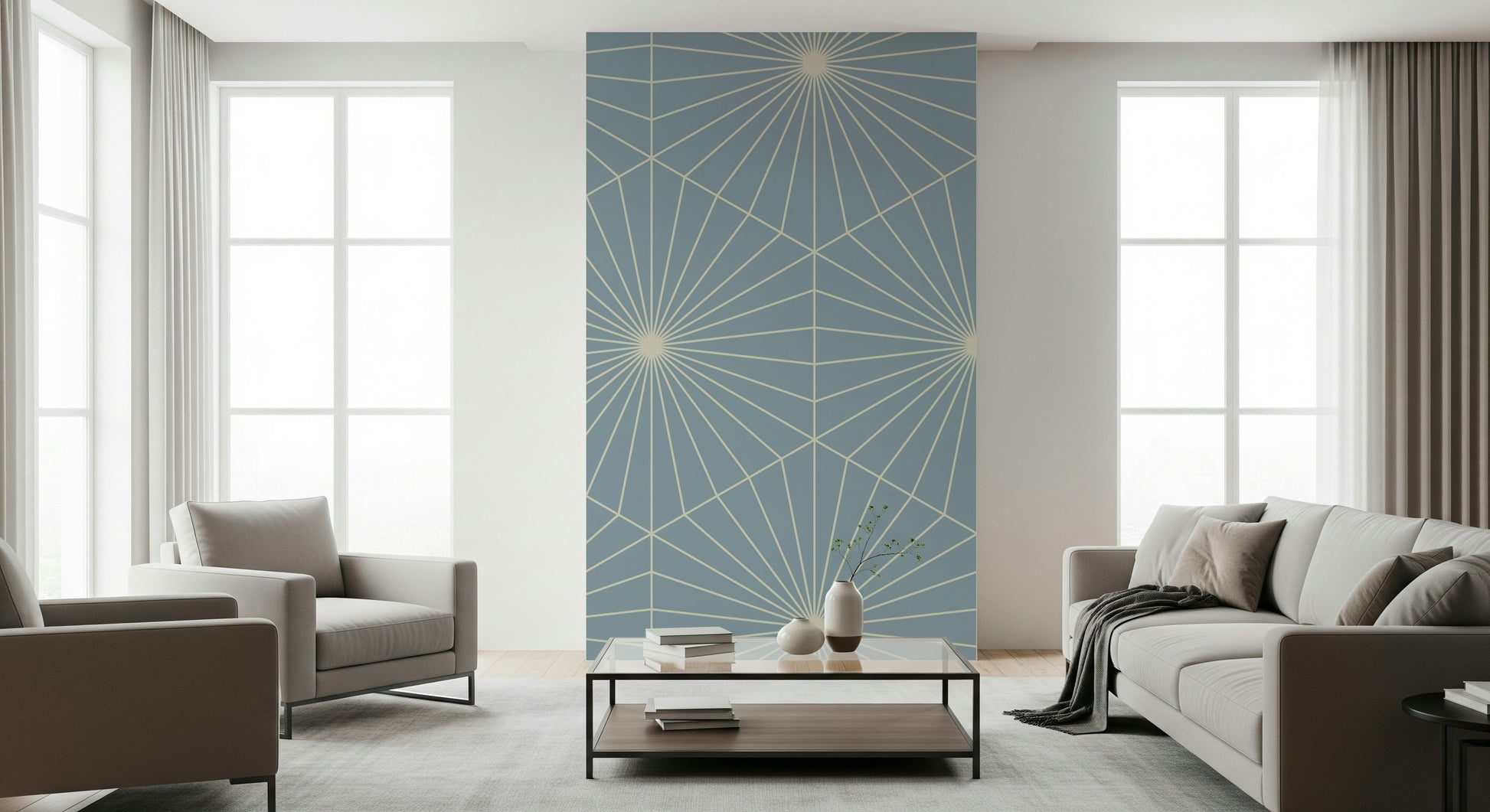 Modern repeating lines wallpaper creating a subtle starburst effect.