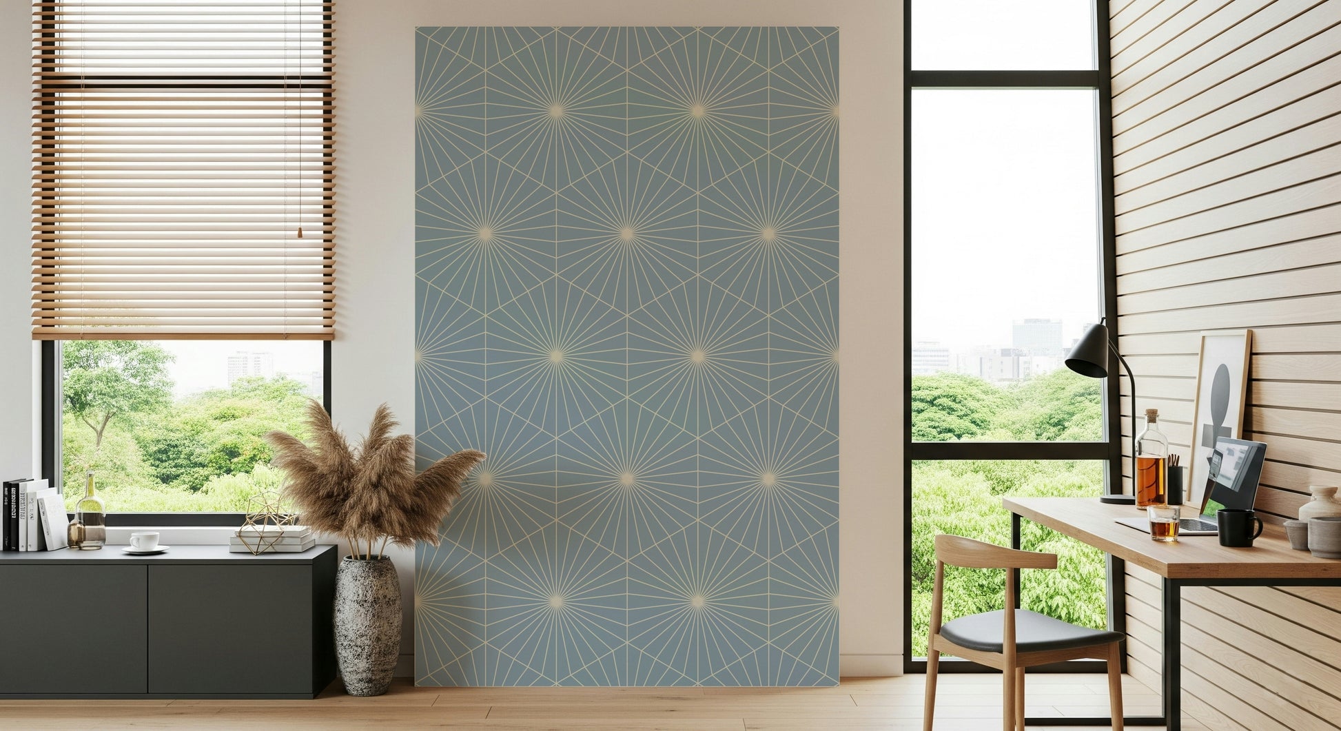 Serene Art Deco Radiance mural in a calming light blue tone.