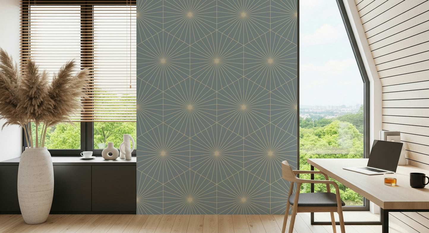 Elegant deco fan wallpaper called Powder Blue Radiance for tranquility.