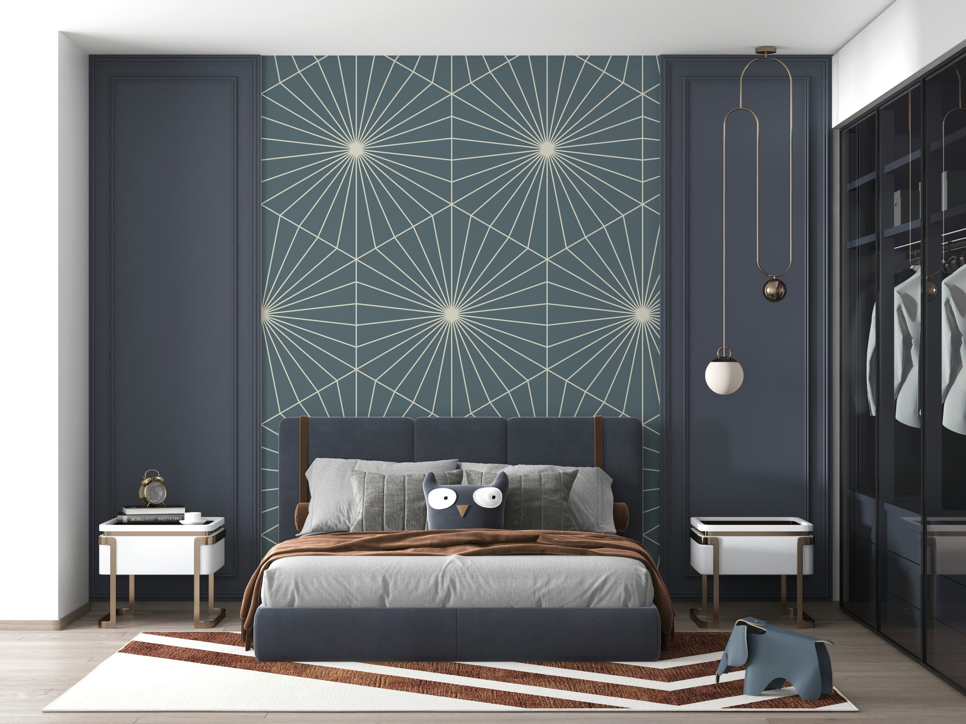 Textured deco fan wallpaper called Geometric Radiance in dark blue.