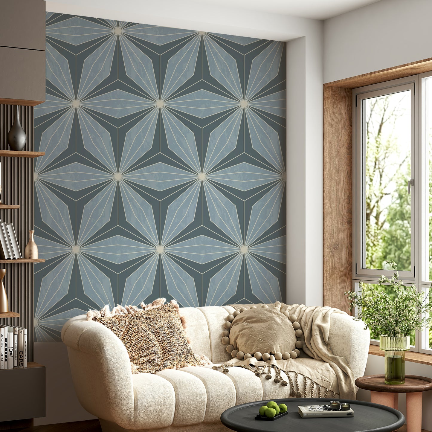 Blue and cream Geometric Flowers wallpaper offers luxurious visual appeal.