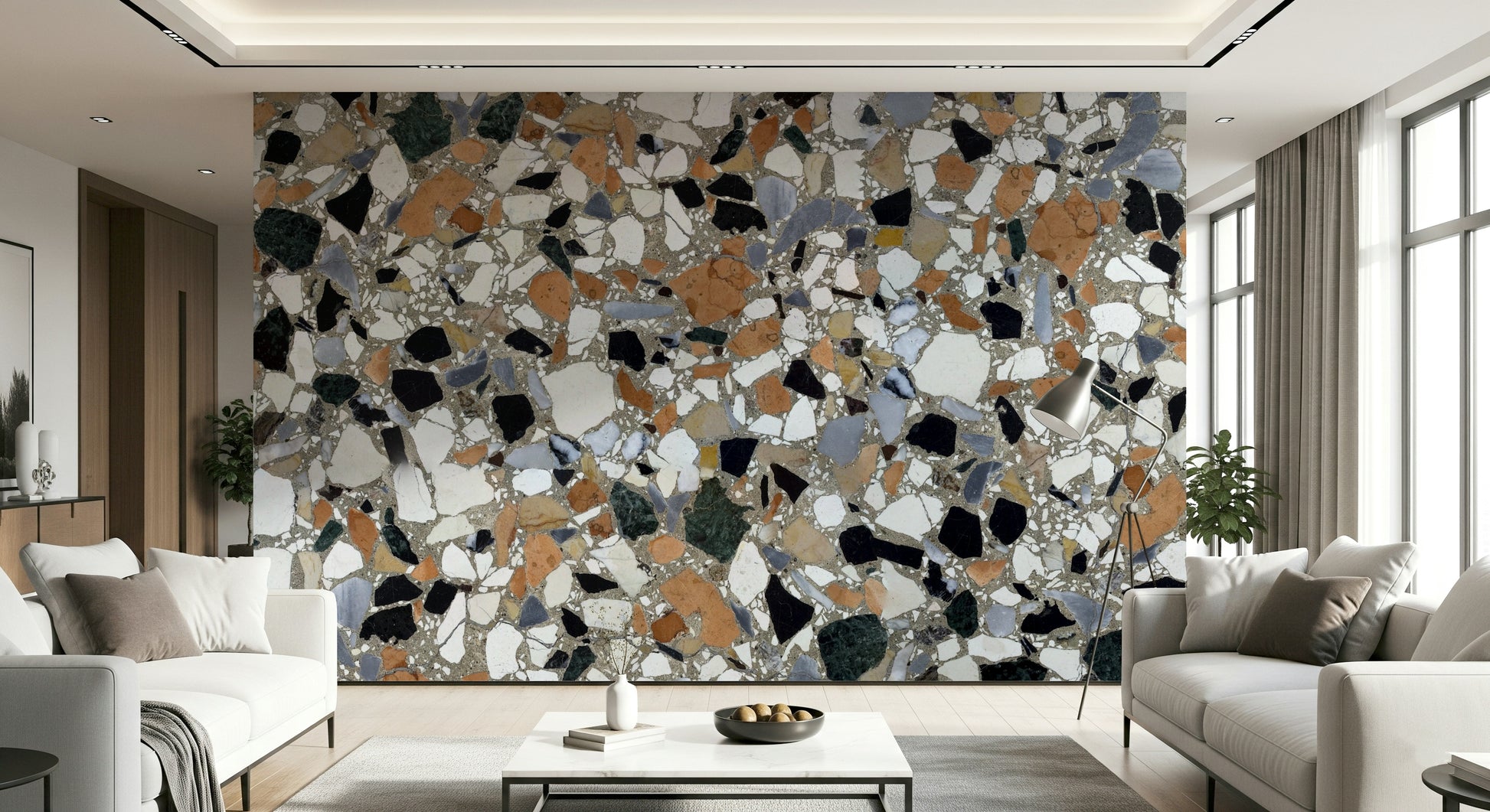 Textured Terrazzo tile look wallpaper for an authentic stone surface.