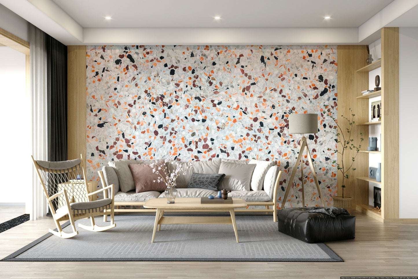 Charming Light Coral Terrazzo mural detailed view of speckled composite material grains.
